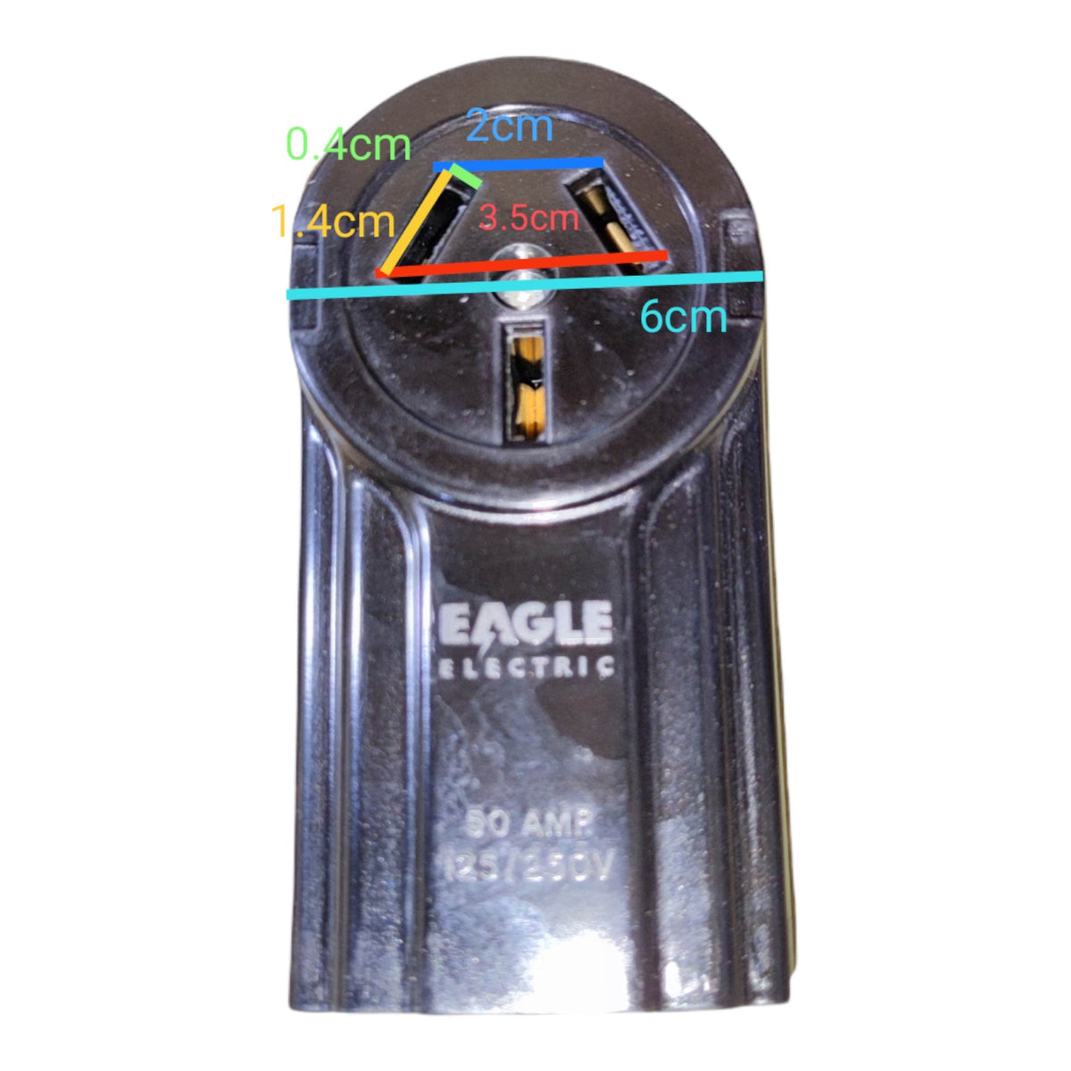 A black 80 amp electrical outlet cover with overlaid dimension lines and measurements (0.4cm, 2cm, 1.
