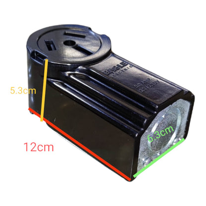 Black plastic electrical outlet adapter with overlaid dimension labels showing 12cm length, 5.3cm height, and 6.