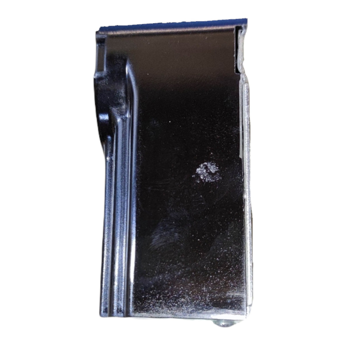 A black metal magazine or component with a brushed finish, shown against a plain white background.