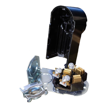 An automotive electrical component assembly featuring a black plastic housing, a silver metal clamp, and a terminal block with gold and silver contacts, isolated on a white background.