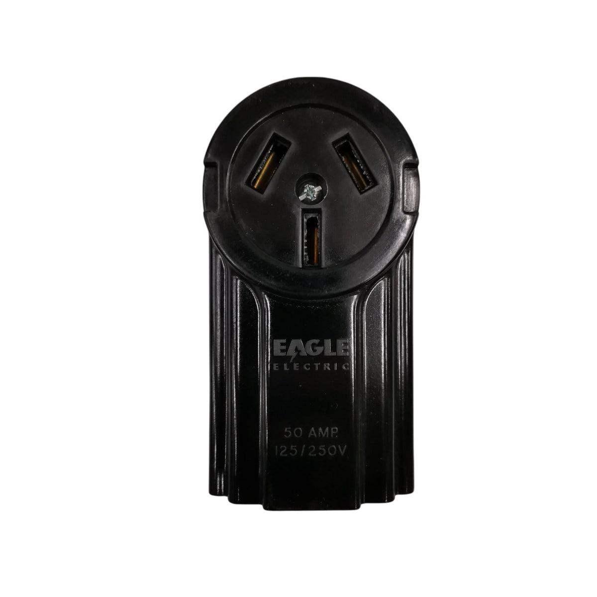 A black Eagle Electric 50 Amp 125/250V 3-prong outlet adapter, shown from the front against a plain white background.
