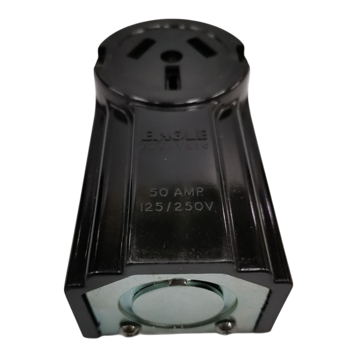 A black Eagle 50 Amp 125/250V 3-prong electrical outlet adapter with a clear glass grounding pin, shown on a white background.