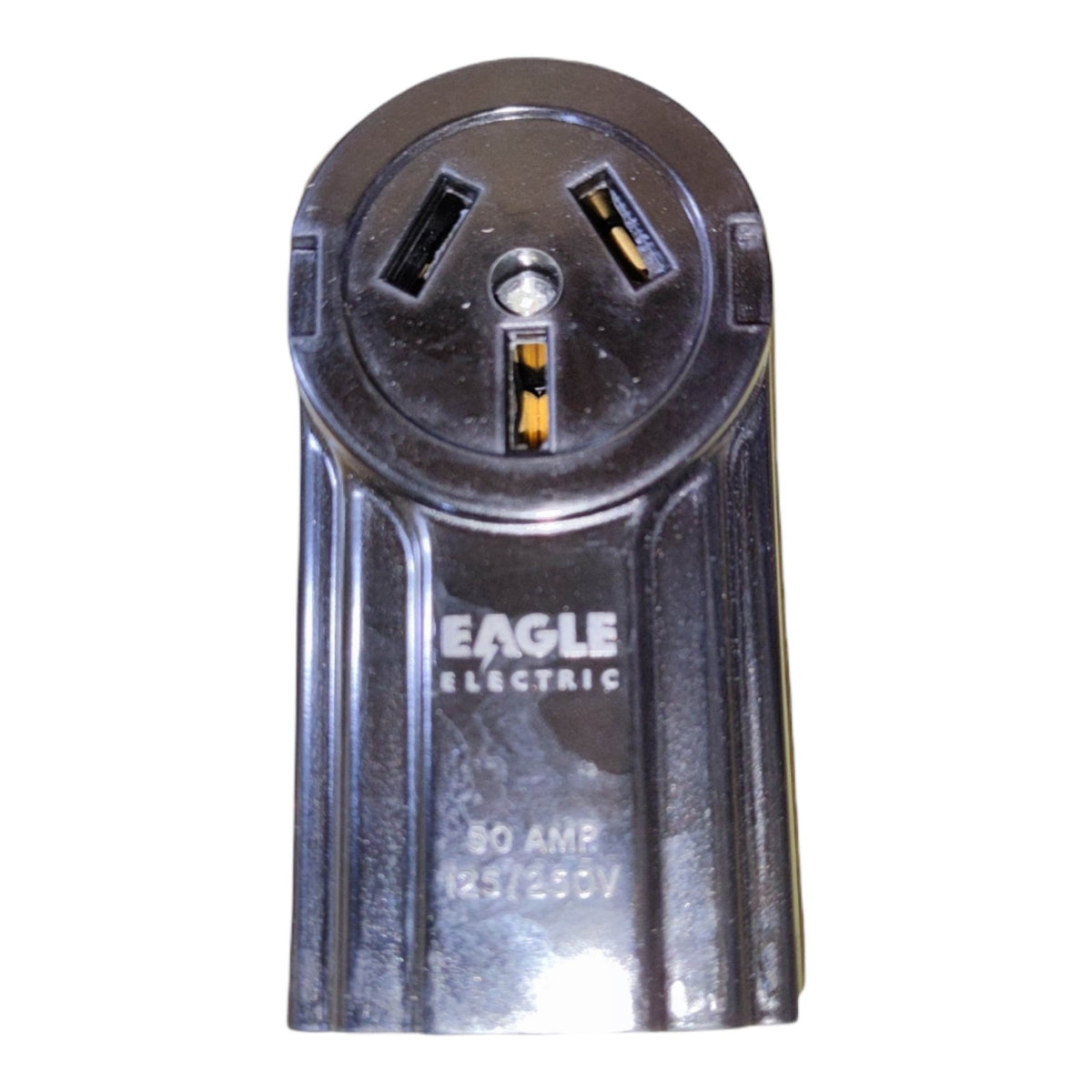 An Eagle Electric 80 Amp 120/230V marine power adapter with a metallic silver body and a black circular plug head, shown on a white background.
