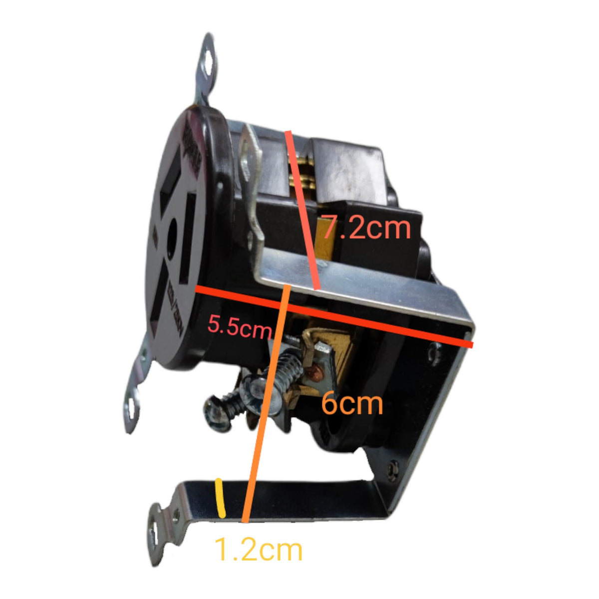 A black metal electrical component or motor housing with mounting tabs, shown on a white background with red and orange dimension lines and labels indicating measurements of 7.2cm, 5.