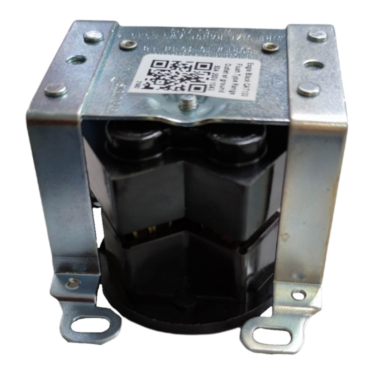 A metal electrical component with a black plastic core and silver galvanized steel mounting brackets, featuring a white sticker with a QR code on top.