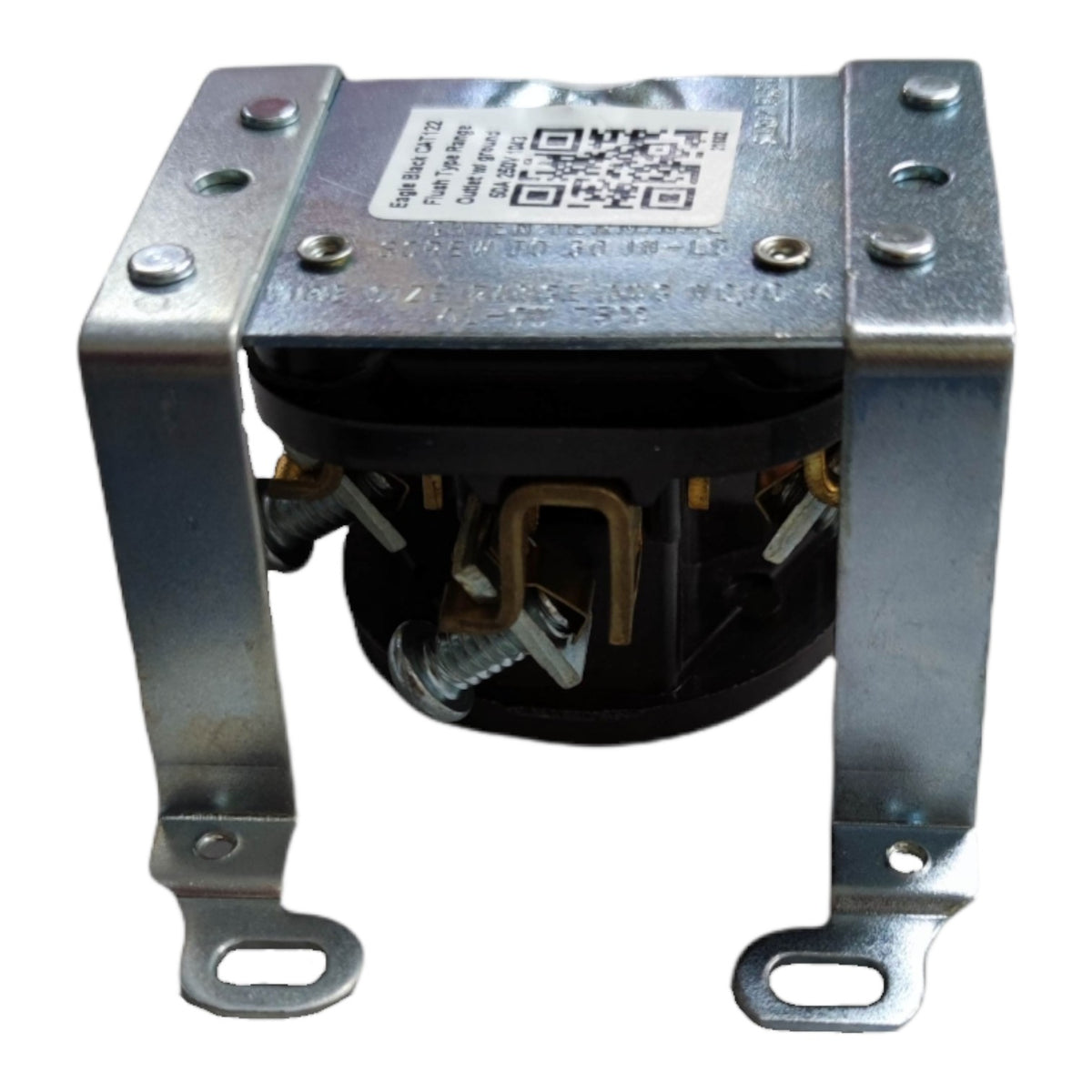 A heavy-duty metal electrical junction box with two vertical mounting brackets, a black plastic interior, and brass-colored terminal hardware, shown on a white background.
