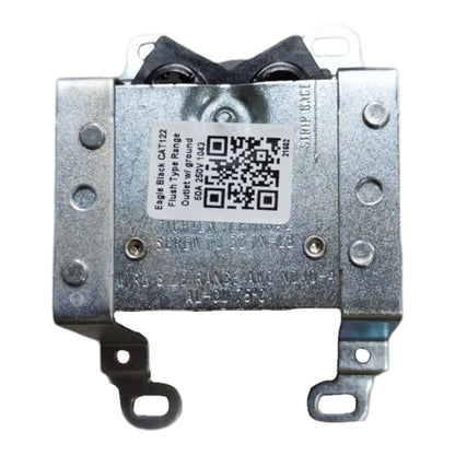 A metal electrical strip connector with two flat black contact strips on top, a white product label with a QR code, and two metal terminal tabs extending downward, shown on a plain white background.