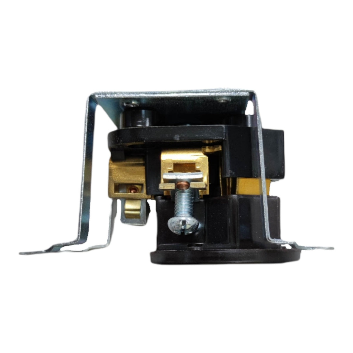 A black and silver electrical contactor or relay component with brass terminal blocks and a silver screw, shown against a plain white background.