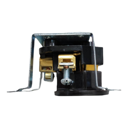 A black and silver electrical contactor or relay component with brass terminal blocks and a silver screw, shown against a plain white background.