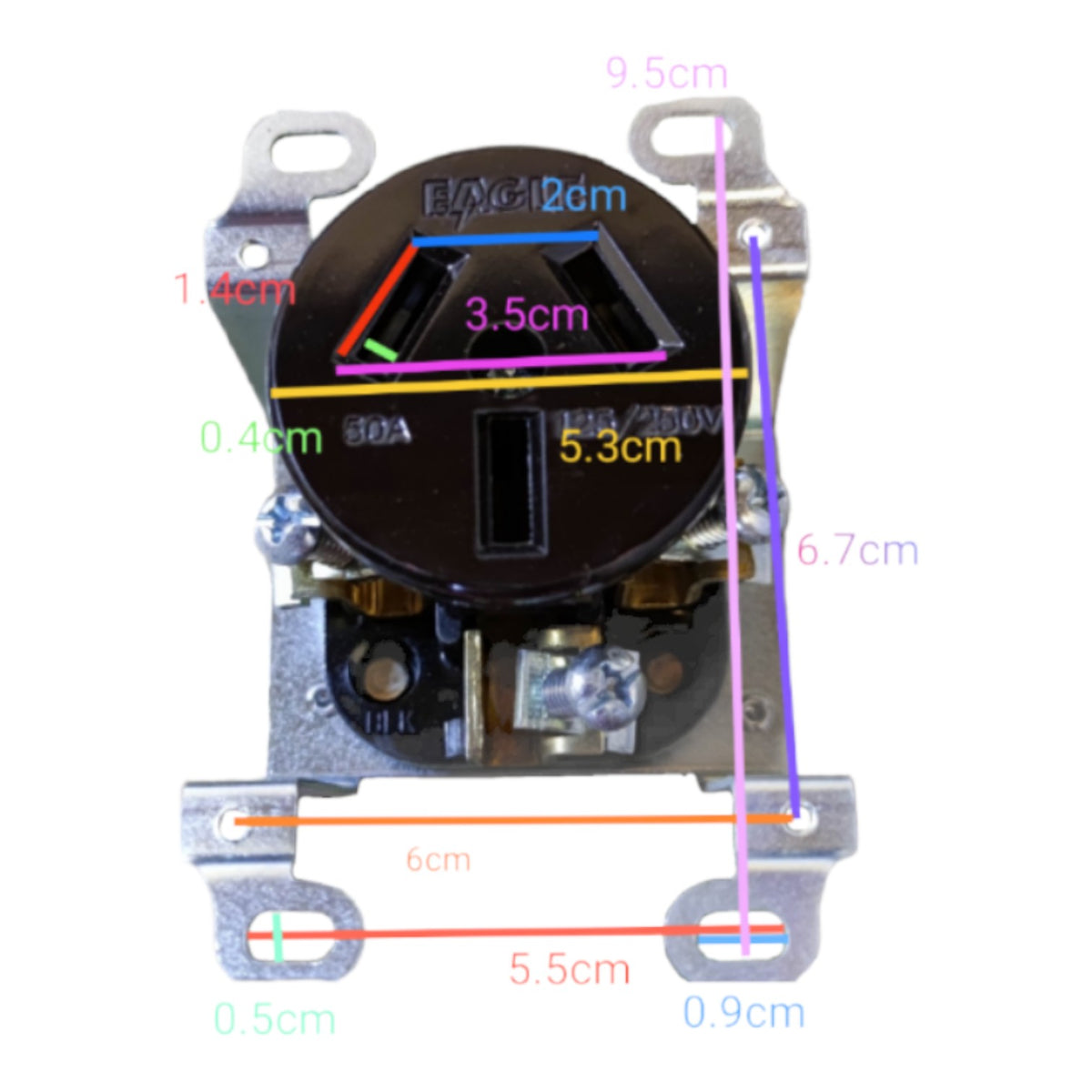 A black electrical outlet cover plate with metal mounting brackets and overlaid dimension lines and labels showing measurements in centimeters on a white background.