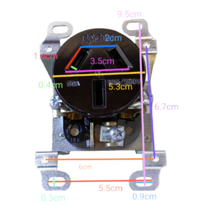 A black electrical outlet cover plate with metal mounting brackets and overlaid dimension lines and labels showing measurements in centimeters on a white background.