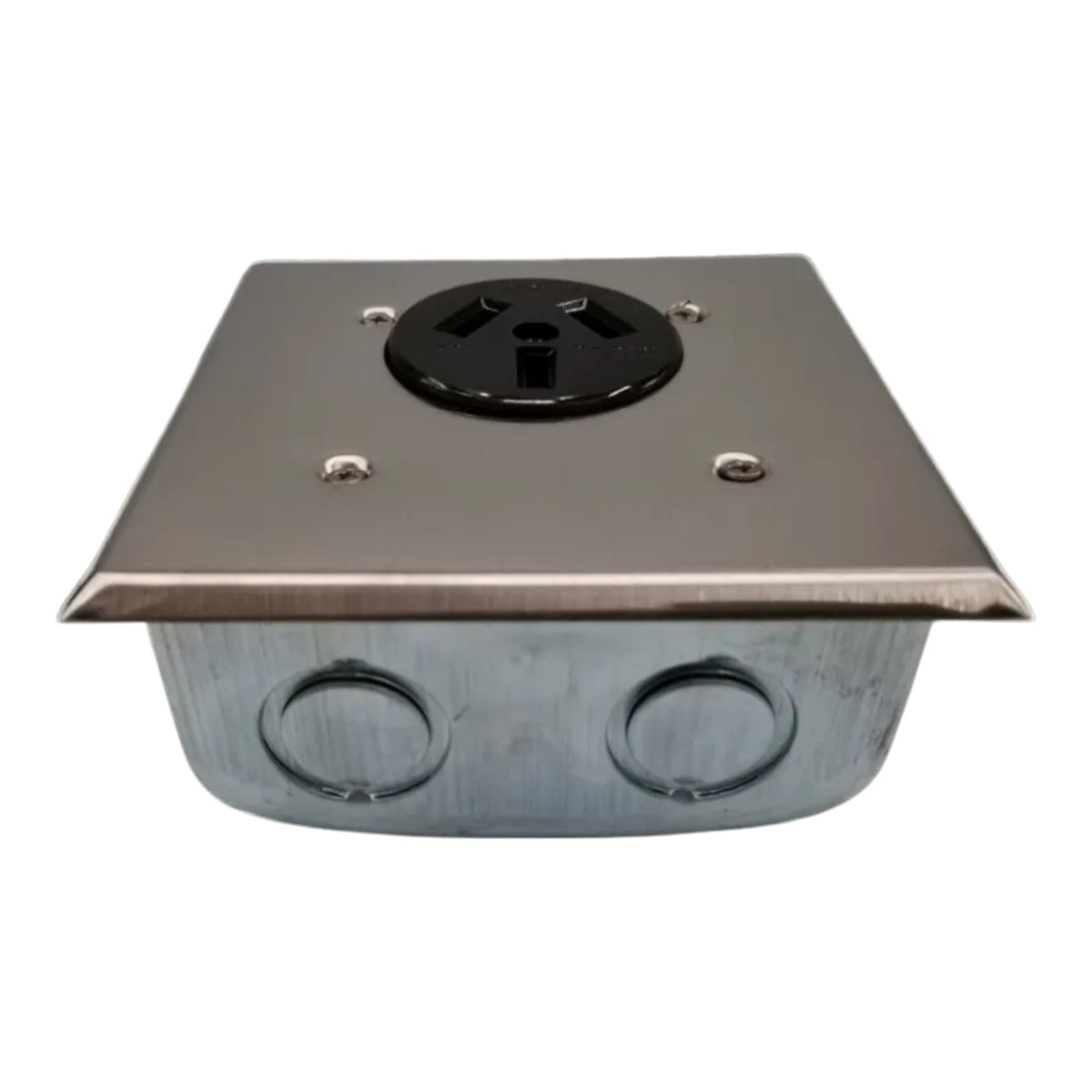 A stainless steel electrical junction box with a black 3-prong outlet on top and two circular conduit openings on the front, shown against a plain white background.