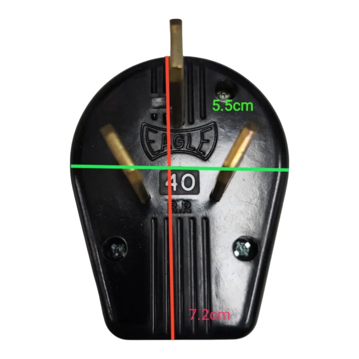 Black electrical plug viewed from above on a white background, with red and green measurement lines and text indicating dimensions 7.2cm, 5.