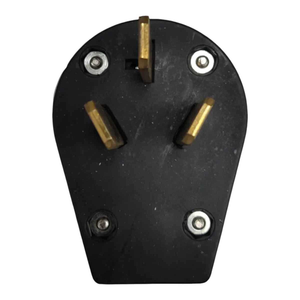 A black three-pin electrical plug with brass-colored pins, shown against a plain white background.