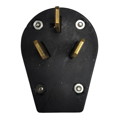 A black three-pin electrical plug with brass-colored pins, shown against a plain white background.