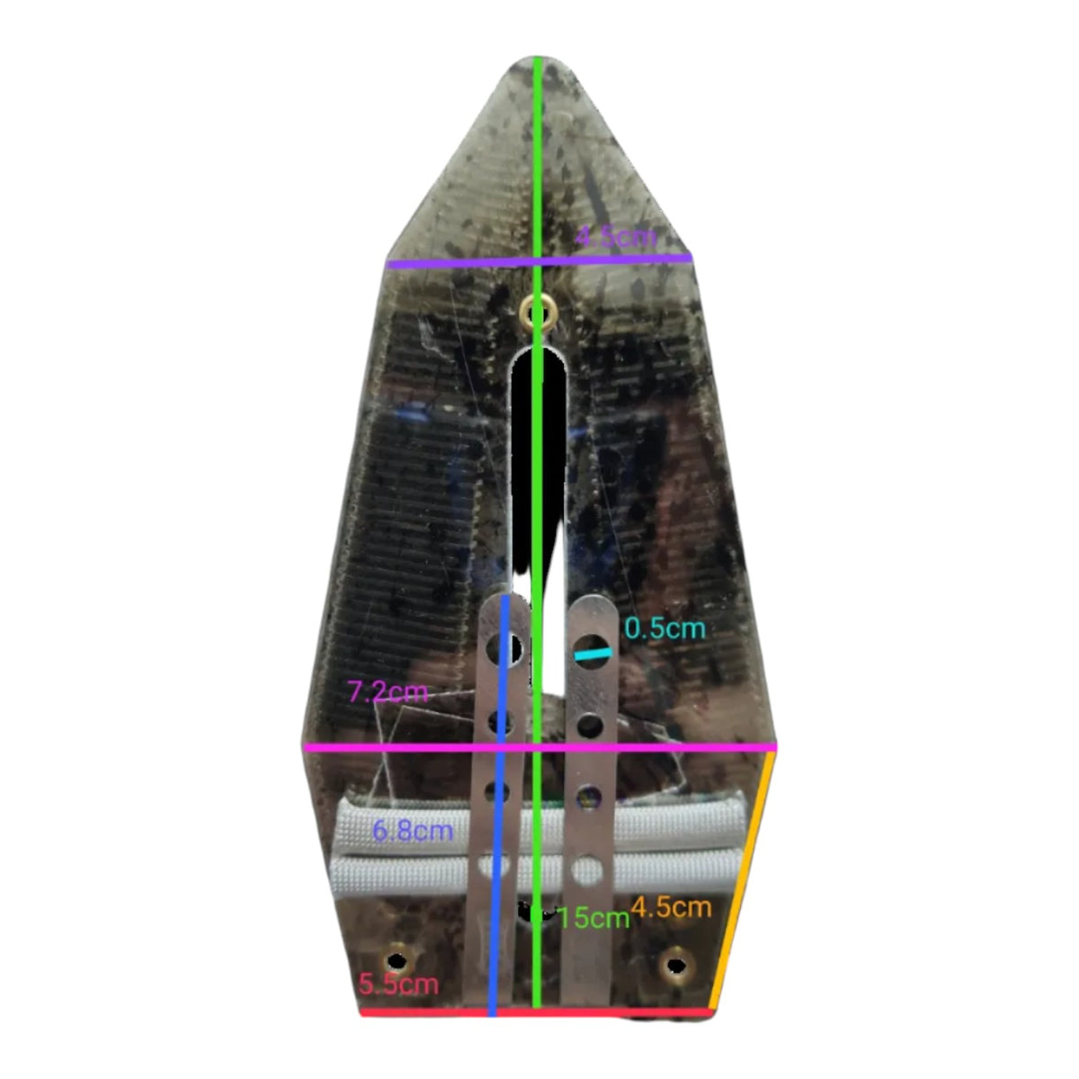 A transparent acrylic or plastic boat-shaped component shown on a white background with overlaid measurement lines and dimensions in centimeters.