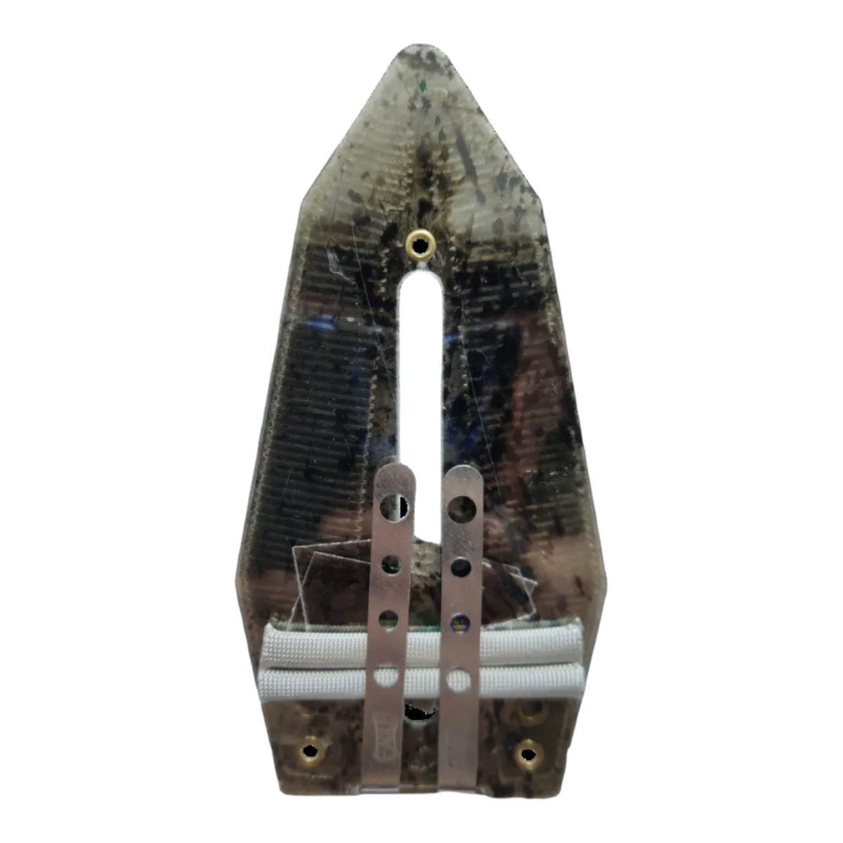 A camouflage-patterned bowfishing spear tip with a metallic silver guide and white cord wrapping, shown against a plain white background.