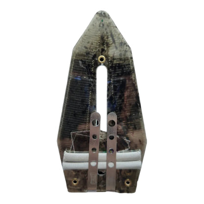A camouflage-patterned bowfishing spear tip with a metallic silver guide and white cord wrapping, shown against a plain white background.