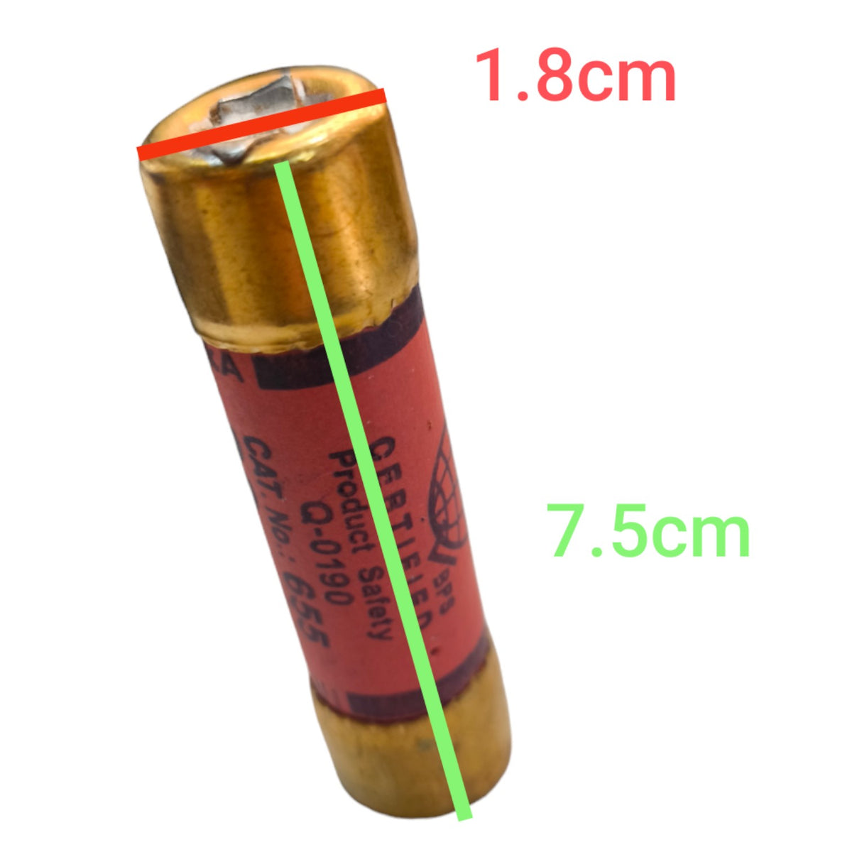 A cylindrical product with a red label and metallic gold ends, shown on a white background with red and green measurement lines and text indicating dimensions 1.8cm and 7.