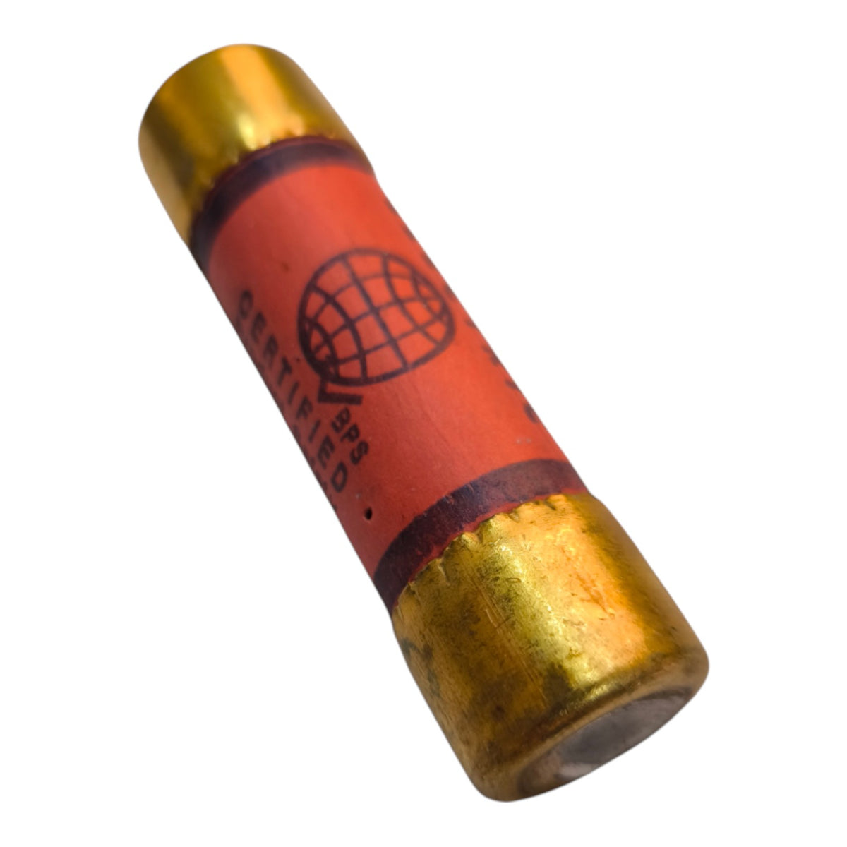 A cylindrical red electrical fuse with gold metal ends and a black printed globe logo and text reading 'CERTIFIED' and 'BPS'.