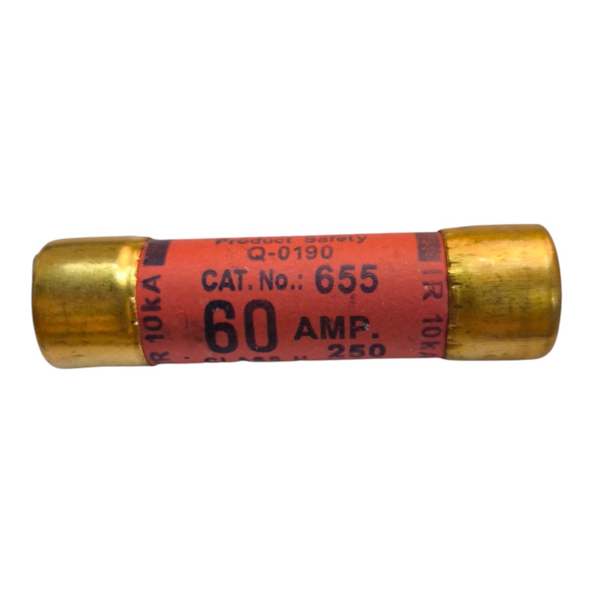 A cylindrical electrical fuse with gold-colored metal ends and a red paper label printed with black text including '60 AMP'.