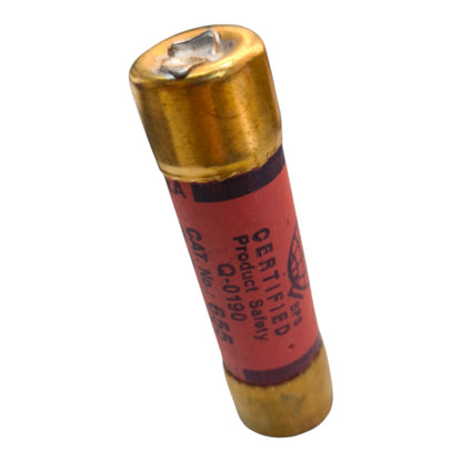 A cylindrical automotive fuse with a red paper label and gold metal ends, featuring a silver blade on the top terminal. The label includes certification text and a logo for 'Certified Product Safety'.