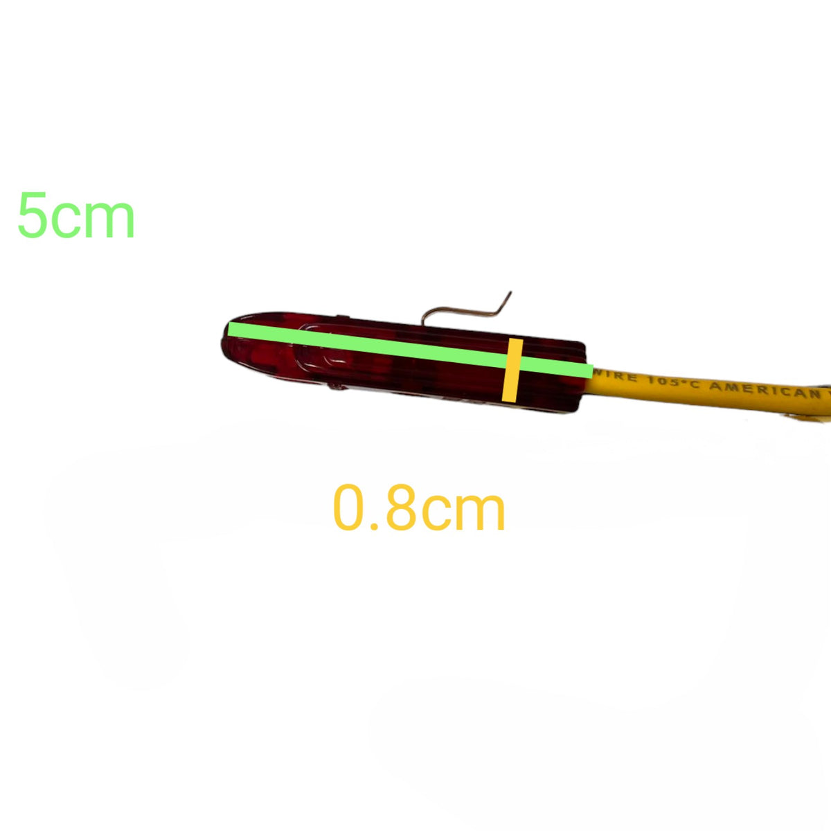A fishing lure or bait component shown on a plain white background with overlaid size measurements: 5cm width and 0.8cm depth.