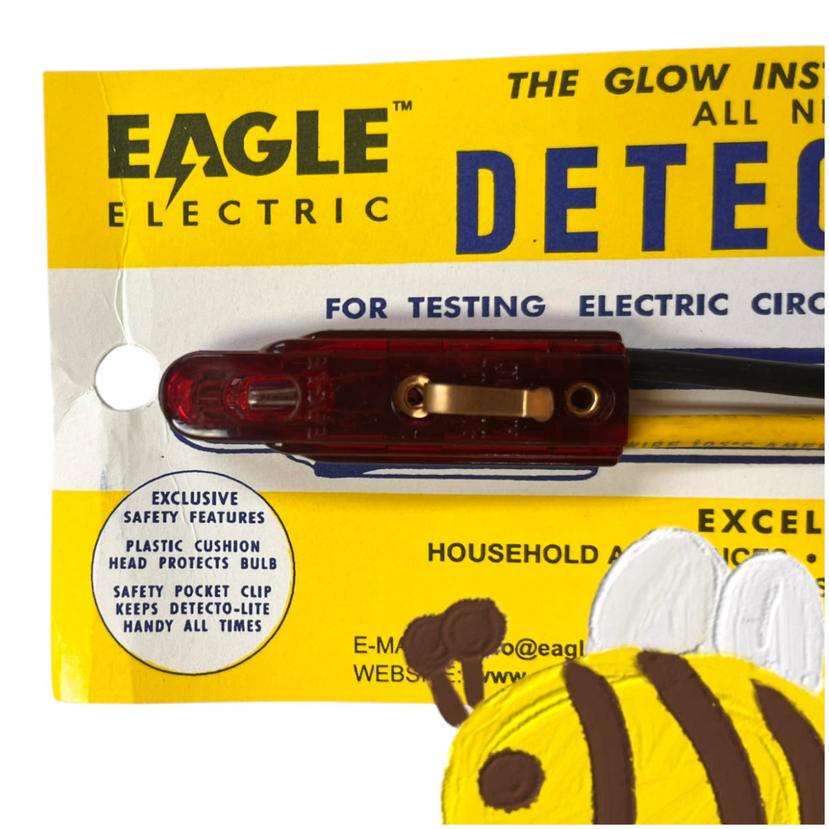 Eagle Electric glow-in-the-dark electric circuit tester in a red safety pocket clip, mounted on its original yellow and white retail packaging card.