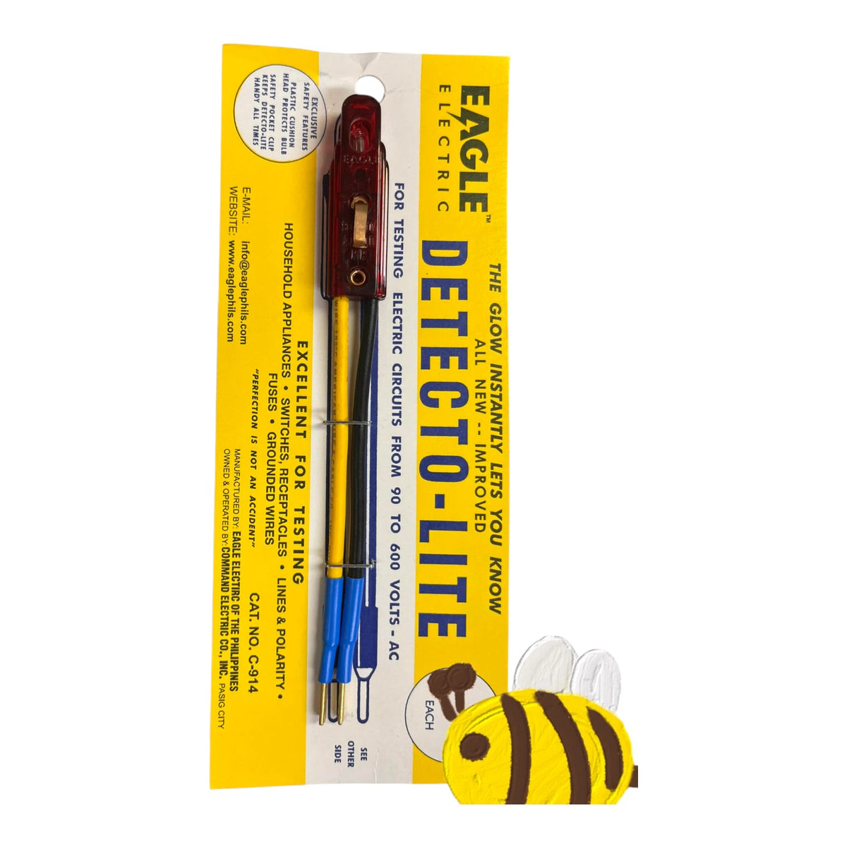 Eagle Electric Detecto-Lite electric pencil sharpener in its original yellow and white blister packaging, shown alongside a small yellow and black bumblebee-shaped accessory.