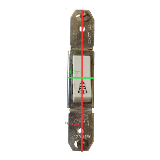 A metal doorbell switch with a white rectangular button featuring a black bell icon, overlaid with red and green dimension lines and text indicating measurements of 17cm and 93mm on a plain white background.