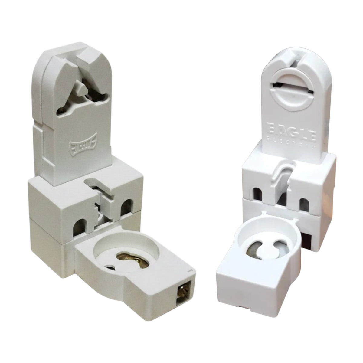 Two white plastic electrical connector blocks shown on a plain white background, with one assembled and one disassembled to show the internal terminal and contact points.
