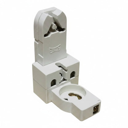 A white plastic electrical terminal block connector with a spring-loaded clamp mechanism and a screw terminal on the front, isolated on a white background.