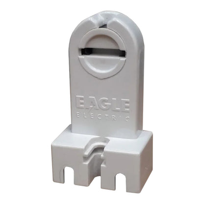 A white plastic Eagle Electric terminal block connector with a circular ring at the top and molded branding on the front, isolated on a white background.
