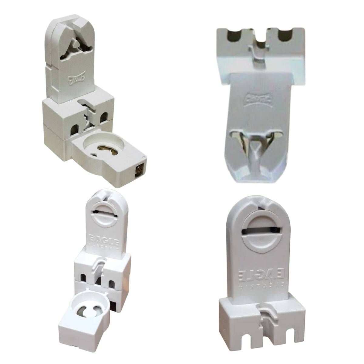 Four views of a white plastic electrical terminal block connector on a plain white background.