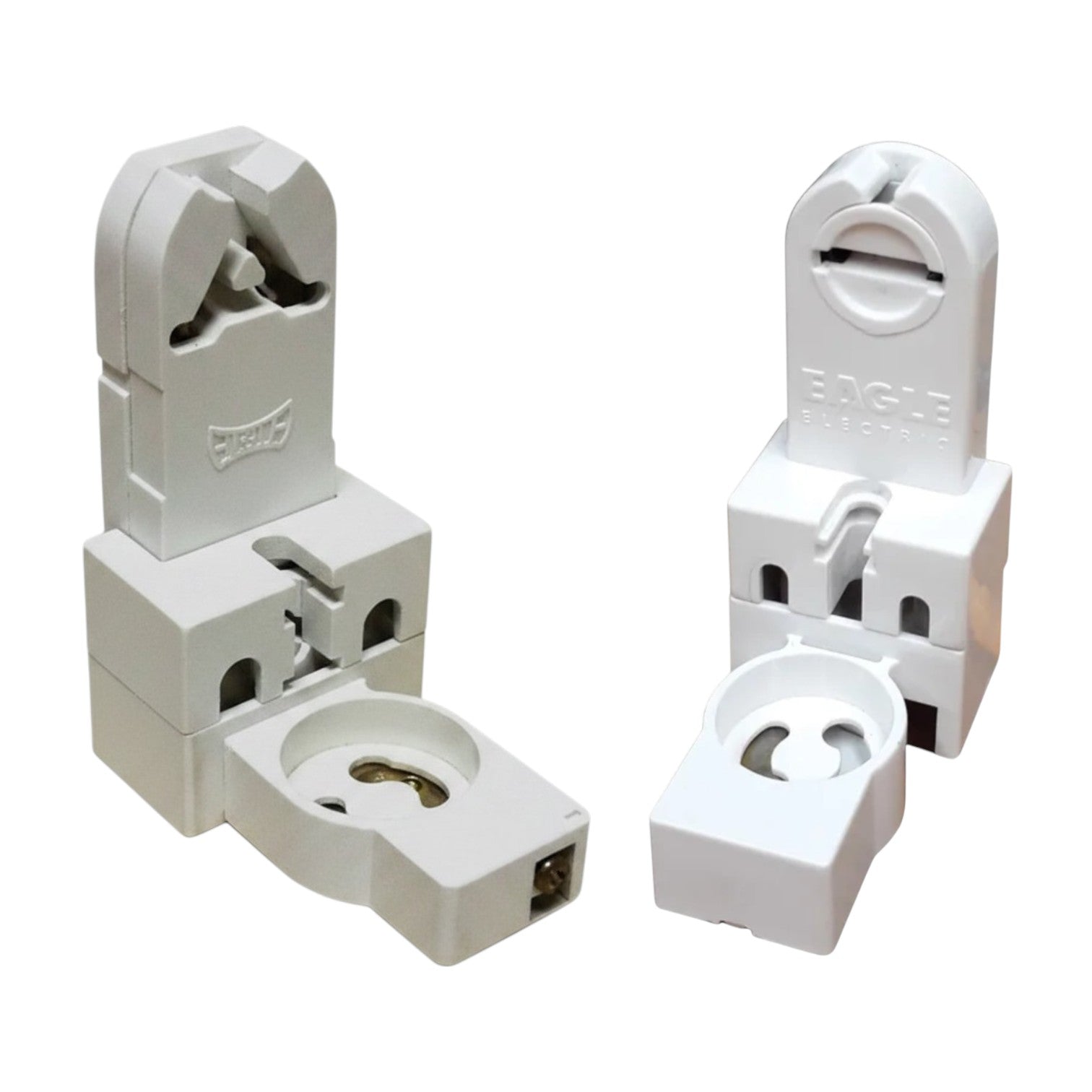 Two white plastic electrical connector blocks shown on a plain white background, with one assembled and one disassembled to show the internal terminal and contact points.
