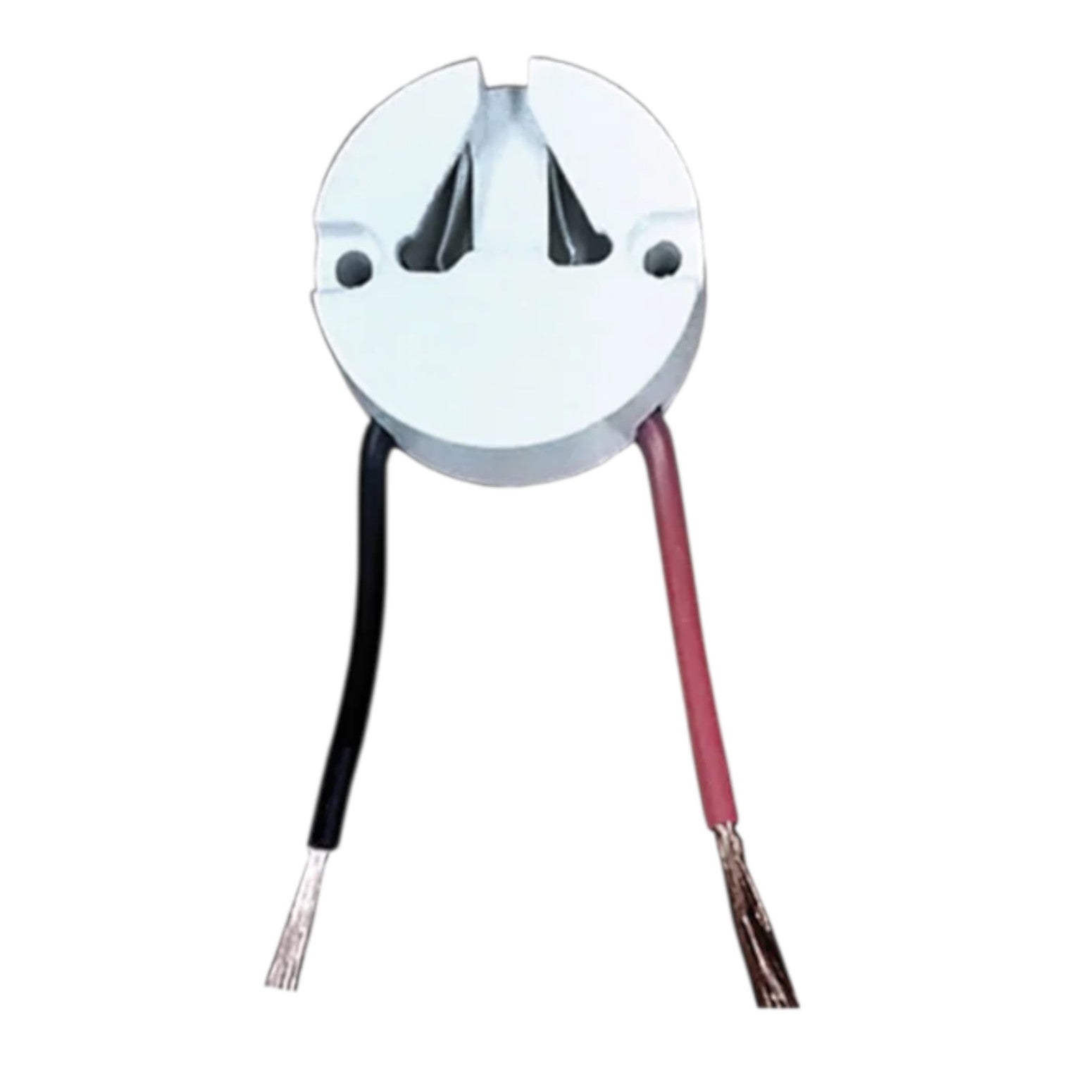 A silver metal electrical terminal block connector with two attached wires, one black and one red, on a plain white background.