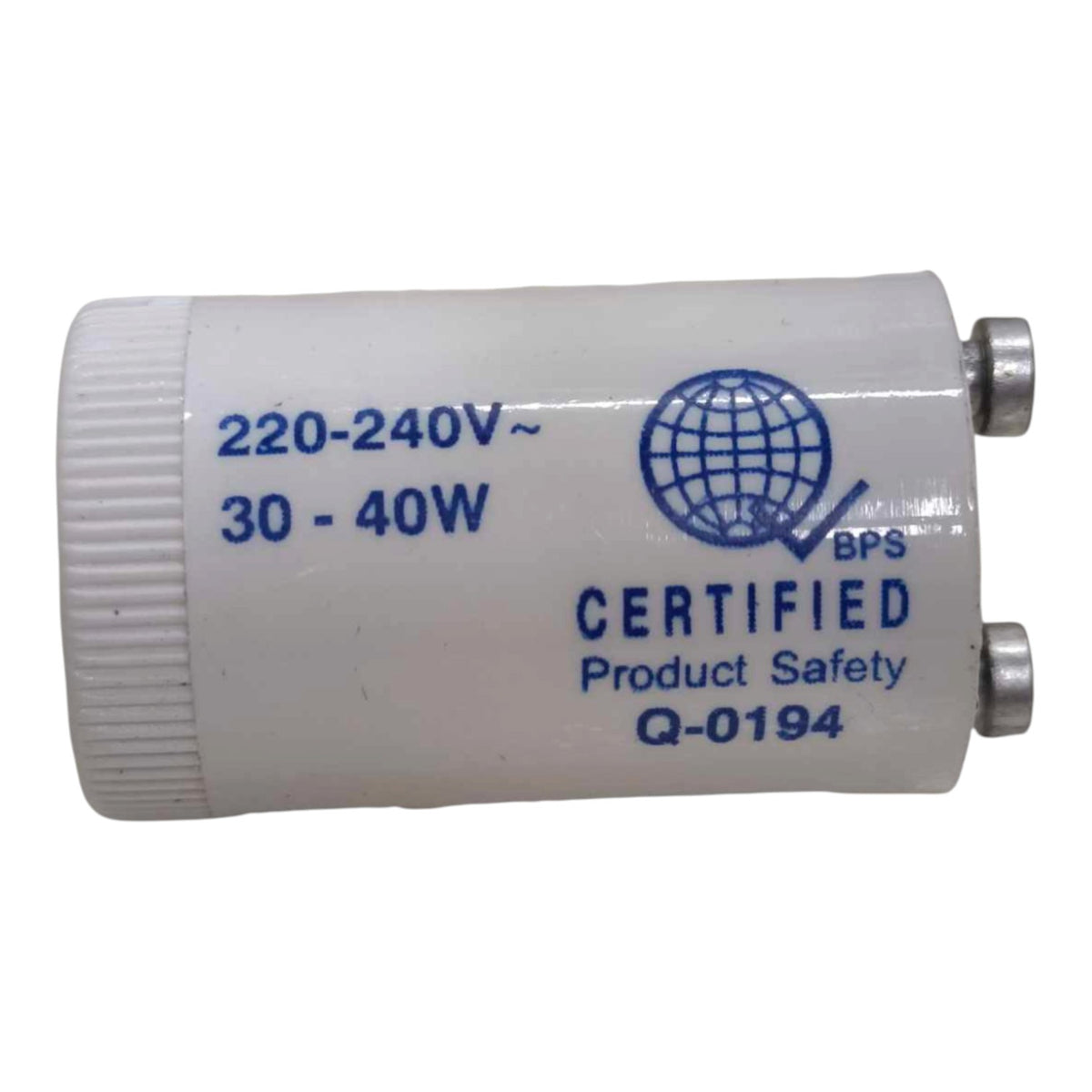A white cylindrical electrical component with blue printed text and a globe logo, labeled 'BPS CERTIFIED Product Safety Q-0194' and '220-240V~ 30-40W'.
