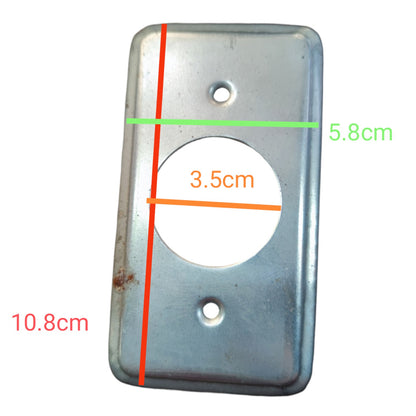 A square metal plate with rounded corners, a circular cutout in the center, and two small screw holes, shown with red, green, and orange dimension lines and text indicating measurements of 10.8cm, 5.