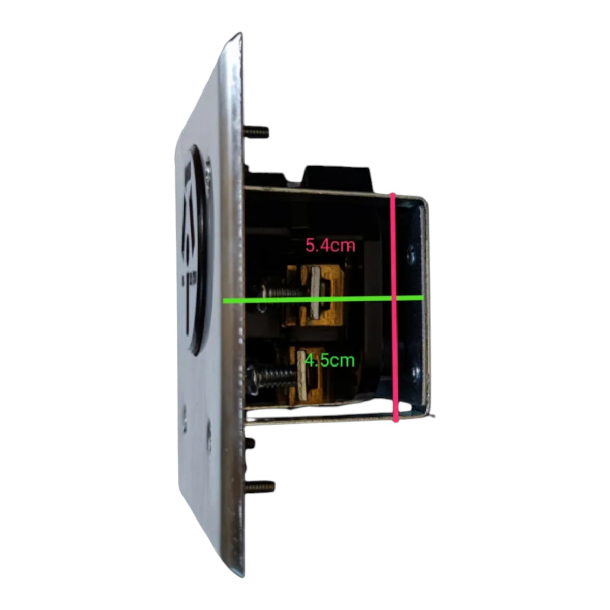 A metal electrical outlet or switch component shown on a plain white background with overlaid dimension lines and measurements reading 5.4 cm and 4.