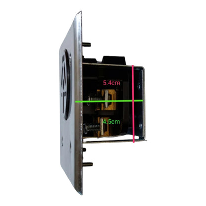 A metal electrical outlet or switch component shown on a plain white background with overlaid dimension lines and measurements reading 5.4 cm and 4.