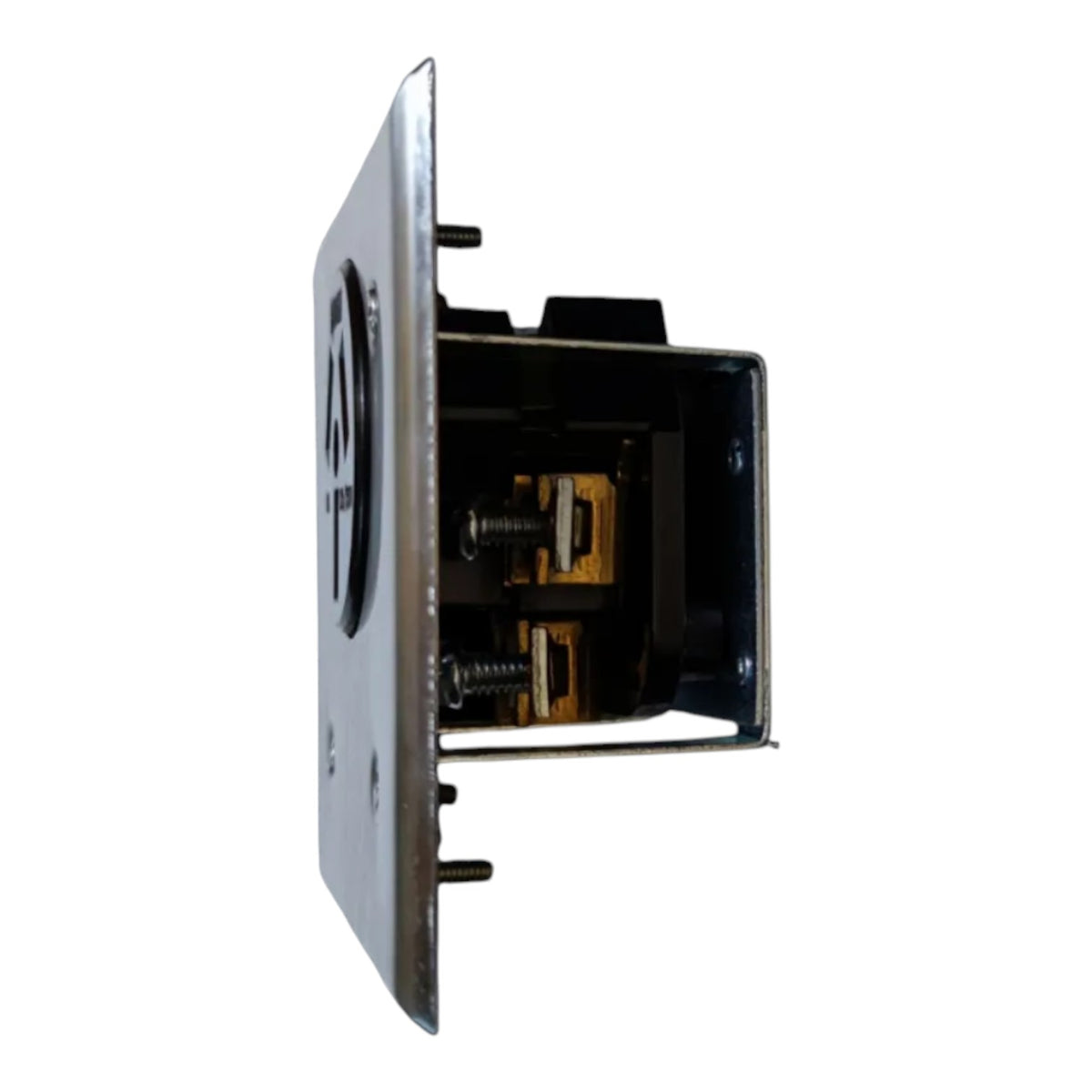 A close-up side view of a metal electrical outlet or switch component with exposed internal contacts and screws, isolated on a white background.
