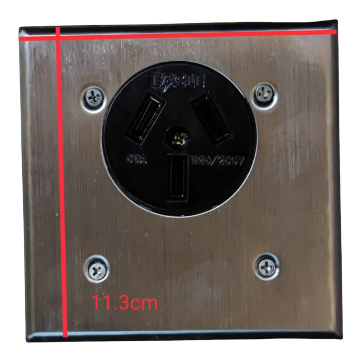 A square brushed metal electrical outlet plate with a black three-prong socket in the center, shown on a white background with red measurement lines and the text '11.3cm' indicating size.