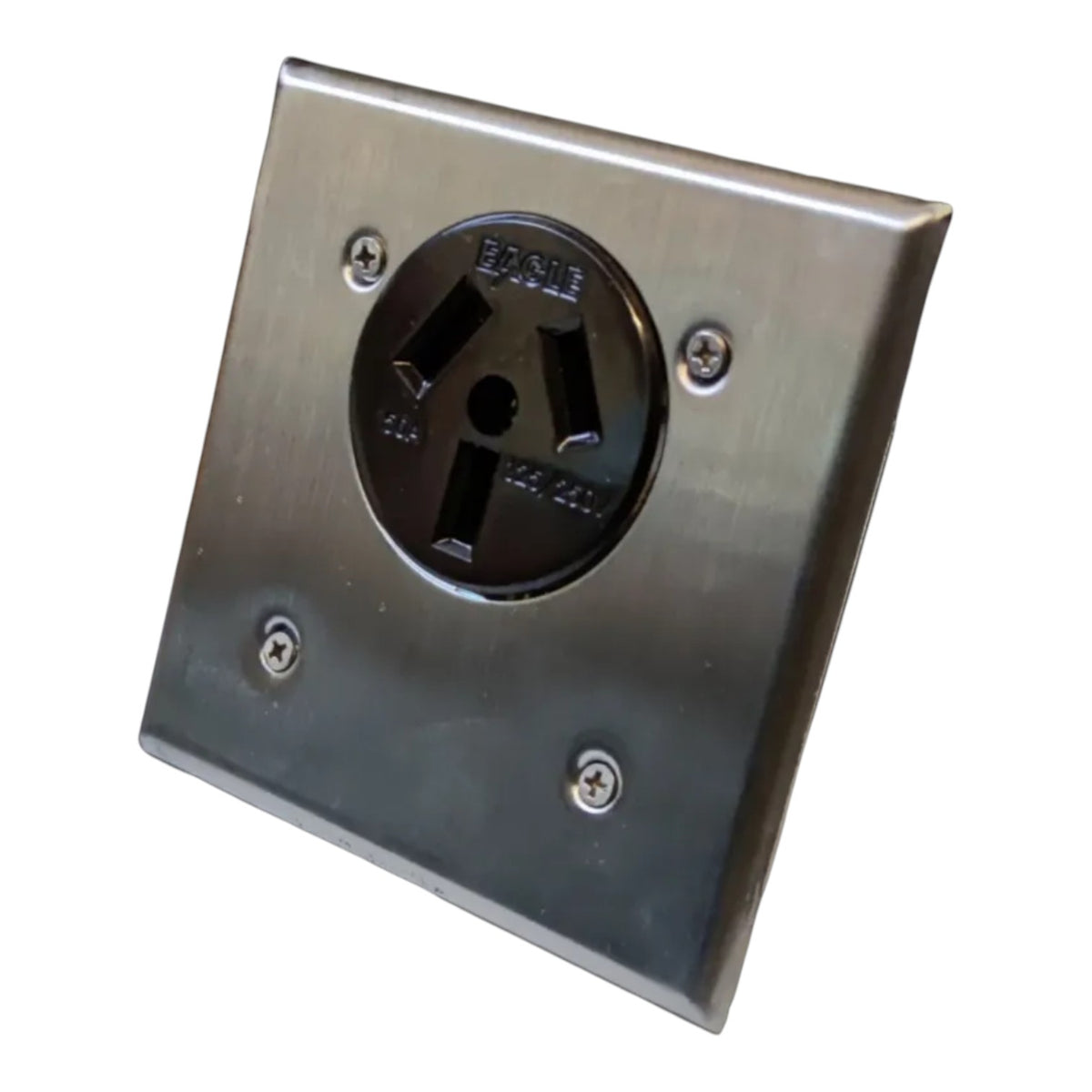 A square brushed metal electrical outlet cover plate with a black three-prong outlet in the center, shown on a plain white background.
