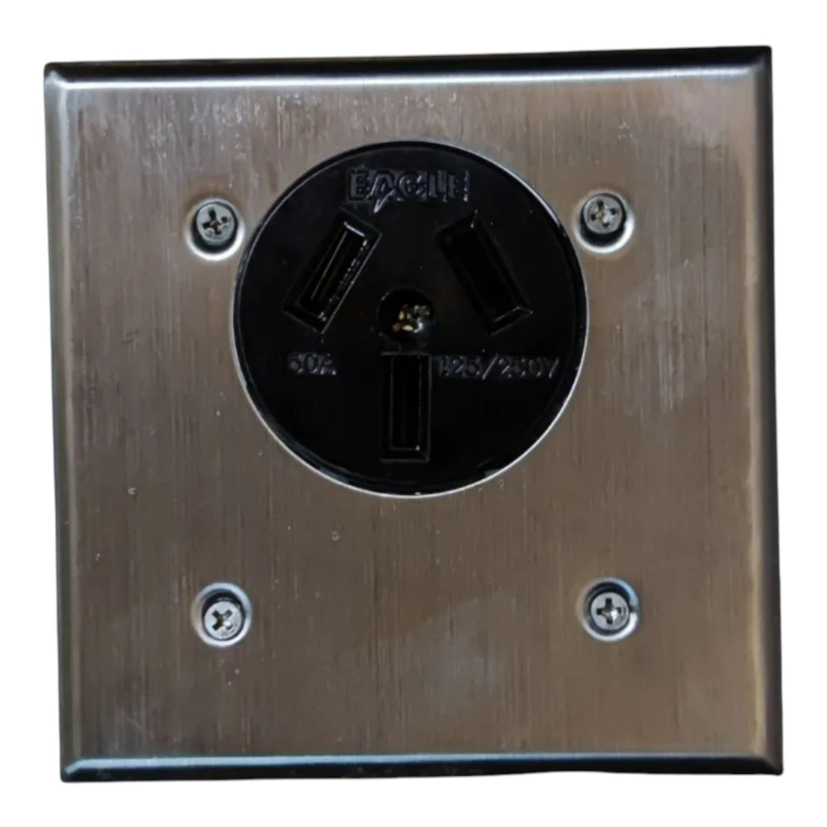 A square brushed metal electrical outlet cover plate with a black three-prong outlet in the center, secured by four screws.