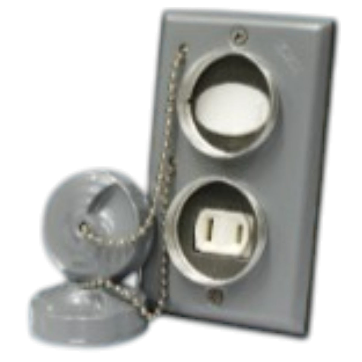 Gray dual outlet electrical switch plate with chain lockout covers, shown on a plain white background.