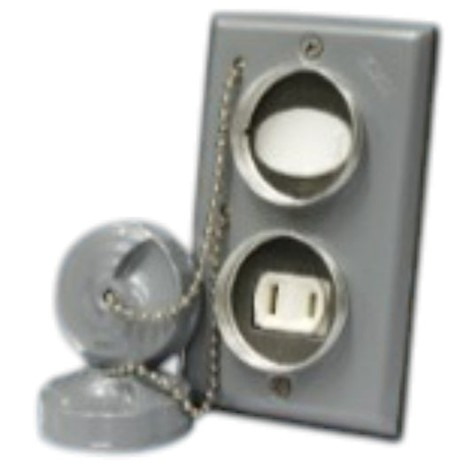 Gray dual outlet electrical switch plate with chain lockout covers, shown on a plain white background.