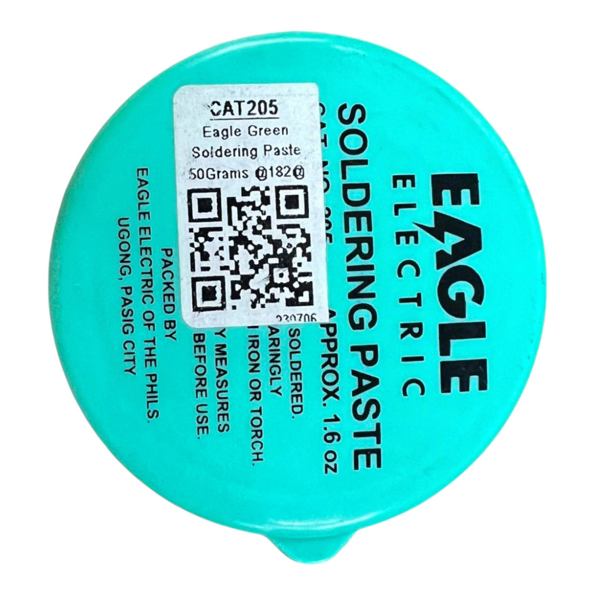 A round turquoise container of Eagle Electric Soldering Paste, Cat 205, on a plain white background. The lid features black text and a white barcode label.