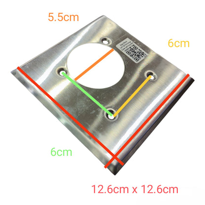 A square brushed-metal mounting plate with a circular cutout and pre-drilled screw holes, overlaid with colored dimension lines and text showing measurements of 5.5cm, 6cm, 12.