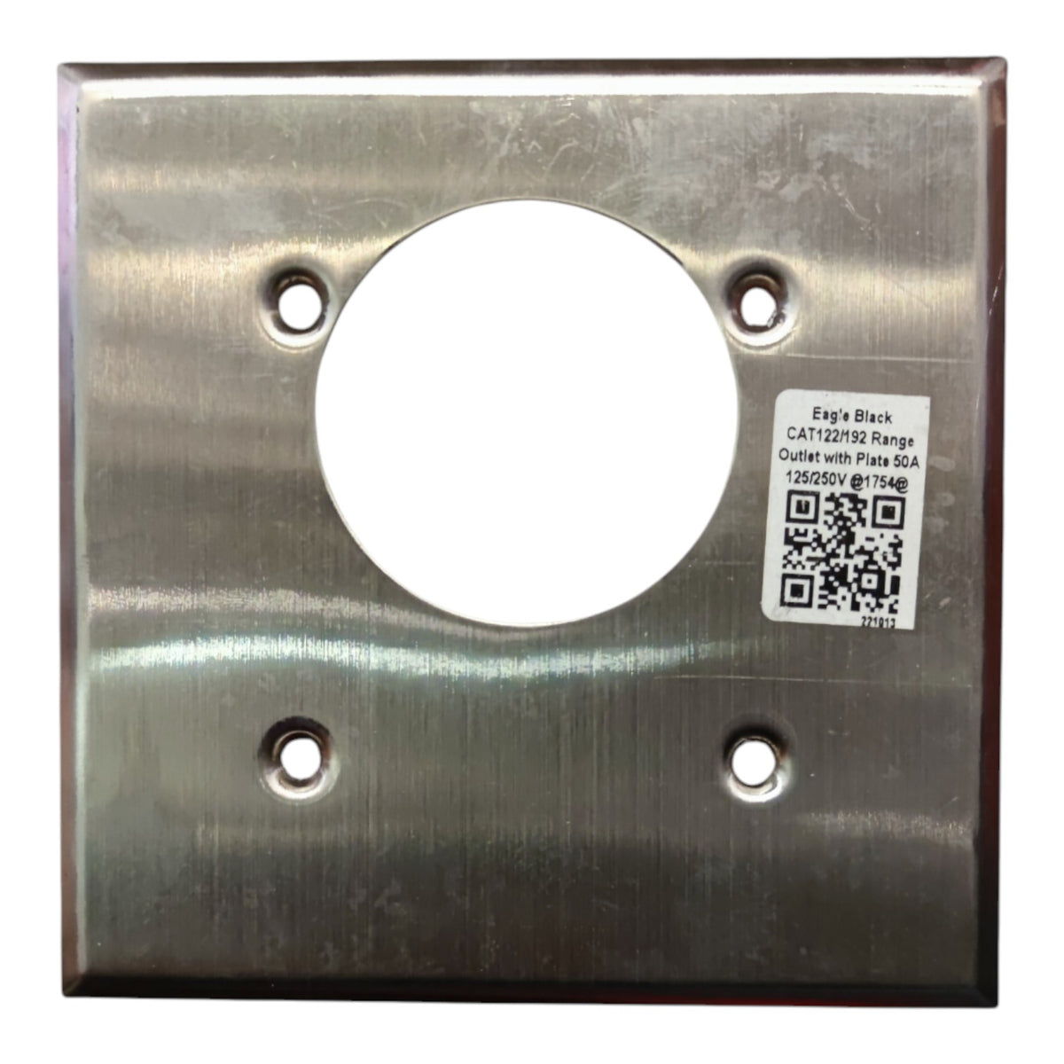 A brushed stainless steel electrical outlet plate cover with a circular cutout in the center and four mounting holes, featuring a white product label on the right side.