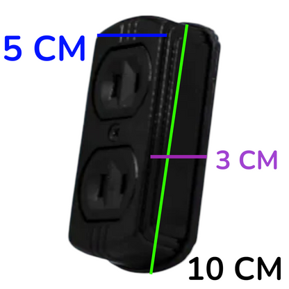 A black electrical outlet cover shown on a white background with blue, purple, and green measurement lines and text labels indicating dimensions: 5 CM, 3 CM, and 10 CM.